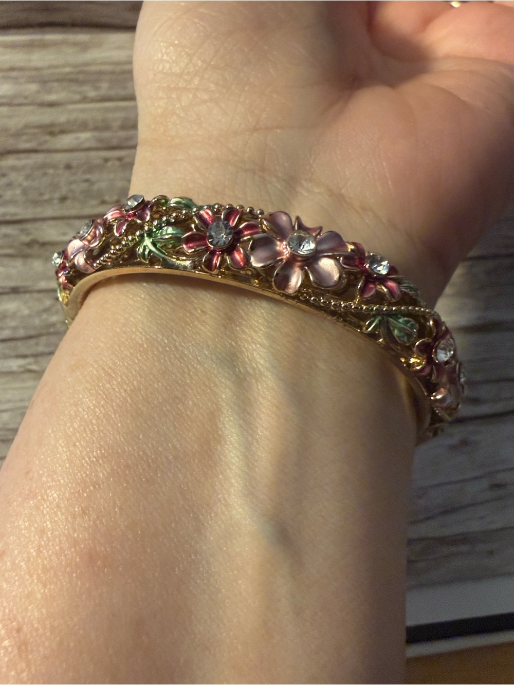 Gold Plated Floral Pink and Gold Crystal Wide Bangle Bracelet